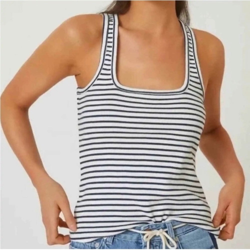 Maeve White and Black Striped Scoop Neck Tank Top